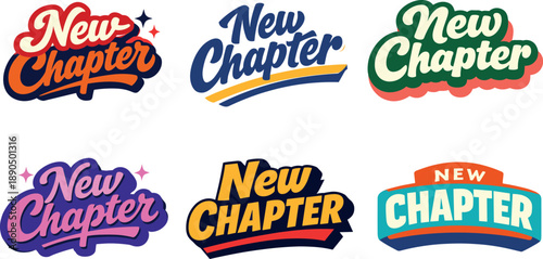 Modern holiday banner with short greeting slogan featuring modern lettering logo set for New Chapter with six logo-ready