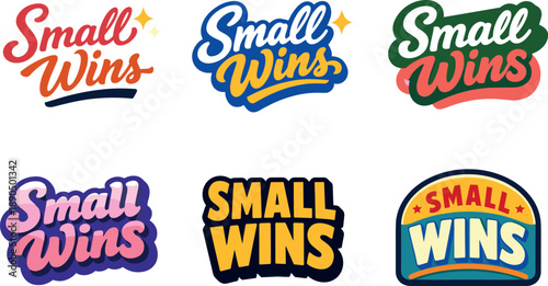 Modern holiday banner with short greeting slogan featuring modern lettering logo set for Small Wins with six logo-ready