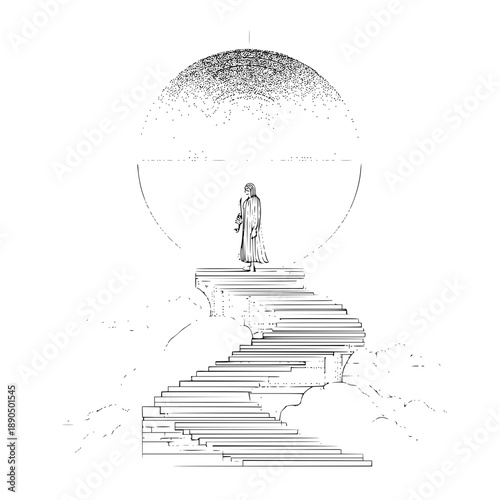 Woman on stairs to moon drawing art illustration digital artwork digital art black and white monochrome sketch