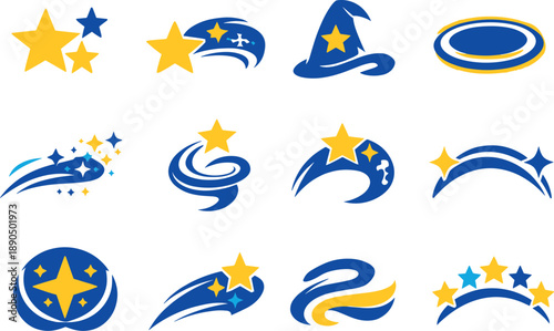 Two-Color vector icons of star symbolism inspired by a wizard hat: star trio, swirling arc, hat silhouette hint, glow ring;