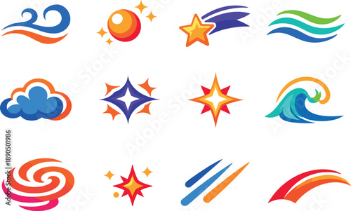 Two-Color vector icons of aerial ambience: soft breeze curl, tiny glow bead, skyline flick, drift ripple, cloud puff, contour