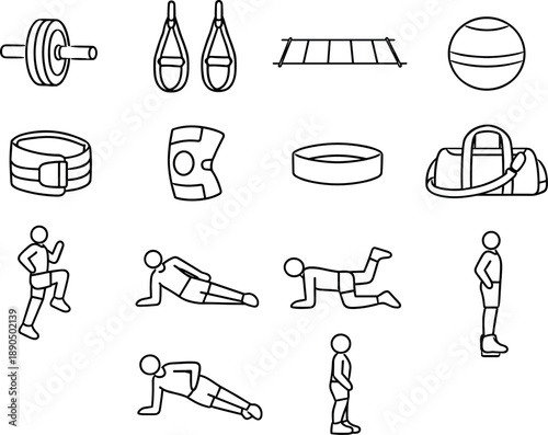 Line style of Home exercise routine vector icons: ab wheel, suspension strap, speed ladder, slam ball; wrist wrap, knee brace,