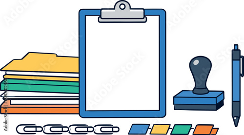 Stack of folders and documents with clipboard, stamp, paperclip chain, index tabs and a pen placed like tidy office supplies.