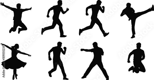 Human activity silhouette set, dynamic sports and dance poses, martial arts motion, expressive movement and physical gesture icons