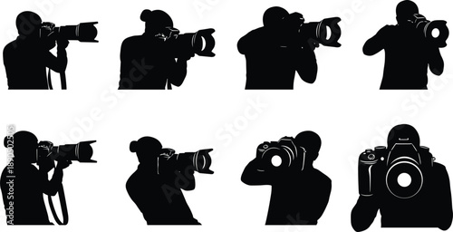 Photographer silhouette set with DSLR cameras, dynamic shooting poses, media and photography gesture icons, creative capture illustration