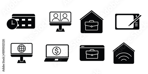 Remote working black Solid icon collection set. Work From Home, Work From Anywhere, Smart Work icon. Solid vector illustration.