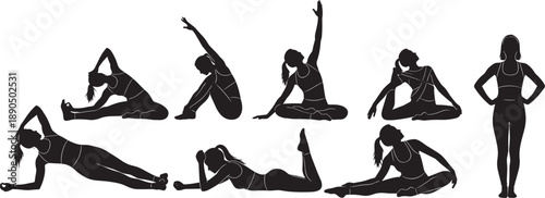 Comprehensive Black Silhouette Collection of a Young Woman Practicing Various Yoga Poses Stretching Exercises and Fitness Movements Isolated on a Clean White Background Set