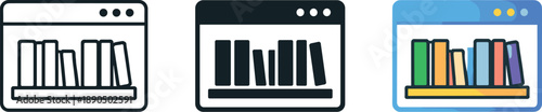 Virtual learning environment context represented by a bookshelf icon combined with a screen frame to suggest web-based library