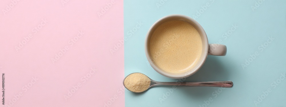 Obraz premium Coffee cup with spoon of powdered colostrum supplement on pastel background for wellness trend. banner 