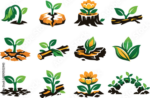 Life from Decay Icons. Two-Color vector icons of life emerging from decay: wilted leaf reviving, sprout from cracked stone, bloom