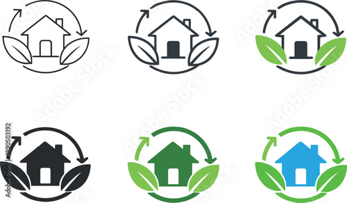 Eco conscious lifestyle concept illustrating a simple home combined with leaves and a circular reuse symbol to express harmony