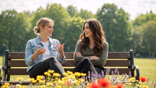 Two young women friends talking and smiling on a park bench. Happy female couple having a friendly conversation outdoors on a sunny day