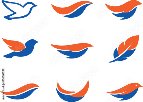 Colorful Bird Silhouettes. Two-Color vector icons of neutral flight silhouettes: simple bird outline, calm wing arc, balanced