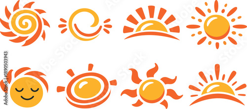 Two-Color vector icons of whimsical sunshine: playful sun swirl, airy smile loop, curved beam arcs, joyful glow dot; dreamy face