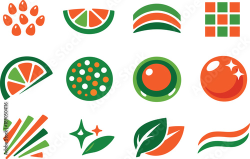 Two-Color vector icons of citrus patterns: seed dots, rind stripe, arc wave, texture grid, contour twist, tiny bead, spot glow,
