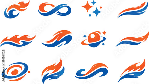 Two-Color vector icons of whimsical sky flame: dreamy comet curl, airy fire loop, floating spark marks, gentle streak arc;