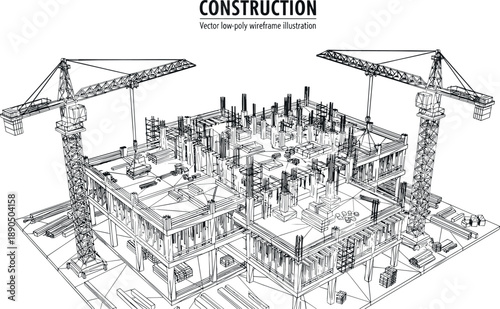 Construction site building project with tower cranes, low poly wireframe architecture industrial development, cad drawing flat vector illustration for engineering