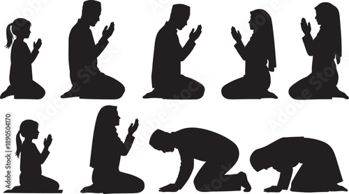 Comprehensive Black Silhouette Collection of Muslim Men Women and Children Performing Islamic Prayer Sujud and Dua Devotional Poses Isolated on a Clean White Background Set