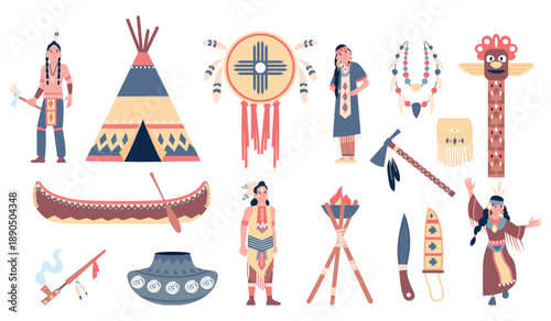 Flat american indian items. Traditional clothing elements, tribal accessories with feathers and beads. Ethnic household, tools of labor, wigwam and canoe, recent vector set