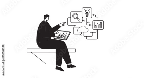 Man sitting on bench using laptop with data analysis icons floating nearby in minimalist black and white illustration