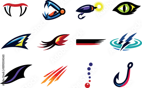 Two-Color vector icons of predatory traits: fang arc, jaw hinge line, lure tip glow, eye slit bead, fin edge stripe, tail strike,