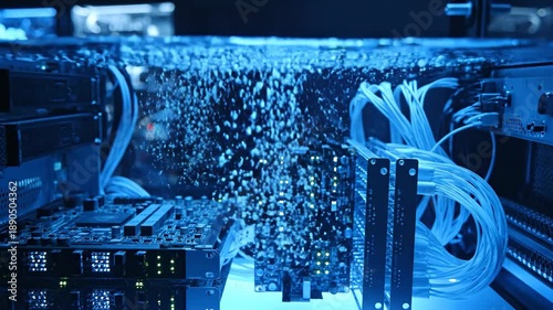 Futuristic liquid cooled server rack with glowing blue lights and bubbling water immersion cooling technology for advanced data center innovation and high performance computing