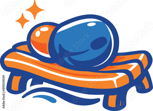 Two-Color vector icons of a whimsical resting earbud on a wooden seat (whimsical shift): tiny bud glow, curved bench, soft plank,