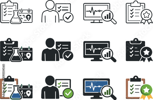 Icon object one for trial planning, icon object two for patient enrollment, icon object three for data monitoring, icon object