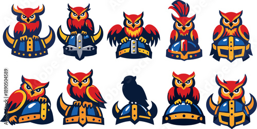 Two-Color vector icons of viking helmet with horned owl perched on it: helmet with owl sitting, horned owl on metal helm, perched