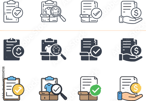 E-commerce Return Icons. Icon object one for return initiation, icon object two for item inspection, icon object three for