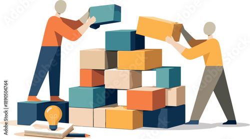 Two abstract geometric figures interconnect and arrange multiple layered blocks into visible structured framework emphasizing