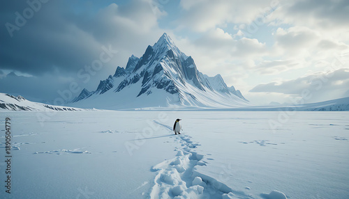 a vast frozen plain with a massive jagged mountain rising in the background. A single penguin walks across the snow, leaving clear footprints behind. Cold natural lighting, dramatic clouds, realistic 