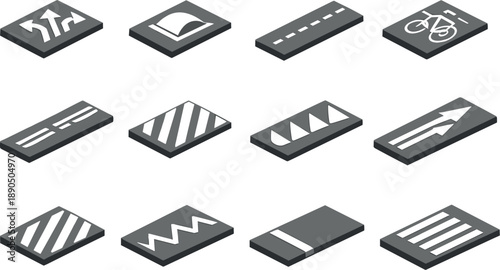 Isometric Road Marking Icons. Isometric vector icons of road marking symbols: arrow variants, speed hump marking, lane divider