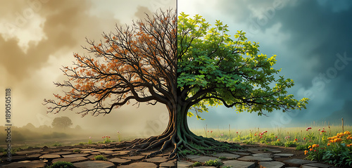 single tree split vertically into two seasons. Left side shows dry, leafless branches with cracked soil and foggy atmosphere. Right side shows lush green leaves, colorful flowers, and soft sunlight. N