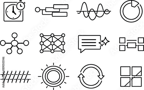 Line style vector icons of web development frontend frameworks tools: timing tile, flow bar, resonance stripe, timing ring, flow