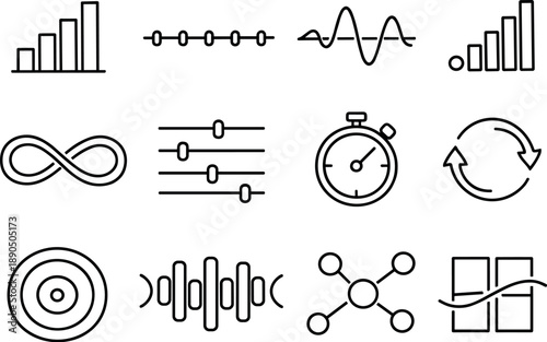 Line style vector icons of business management reporting and analytics tools: variation bar, timing stripe, amplitude line,