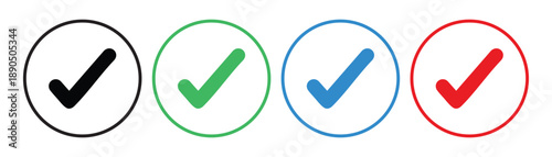 Check Mark Icons in Circle Border Set – Black Green Blue Red Tick Symbols, Approved Verified Confirmation Vector