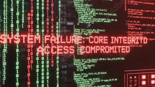 System Failure Core Integrity Access Compromised Red Glitch Digital Code Screen Display Cyber Attack Threat Alert