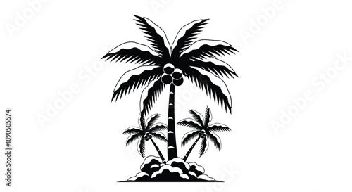 A black and white illustration depicting three palm trees on a small island