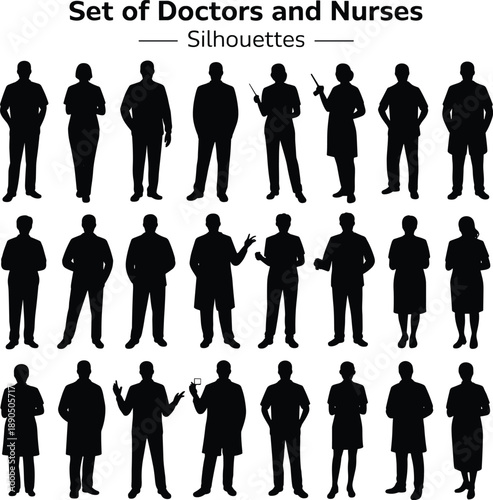 Doctors silhouettes, nurses silhouettes, medical staff, healthcare professionals, hospital team, clinical workforce, medical illustration, healthcare concept, professional figures, medical industry