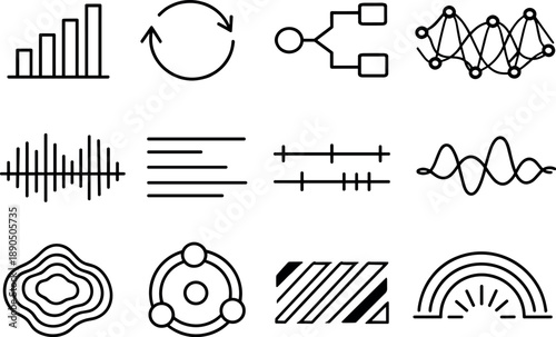 Line style vector icons of task checklist manager analytics and insights: signal bar, sync line, flow arc, pulse mesh, frequency