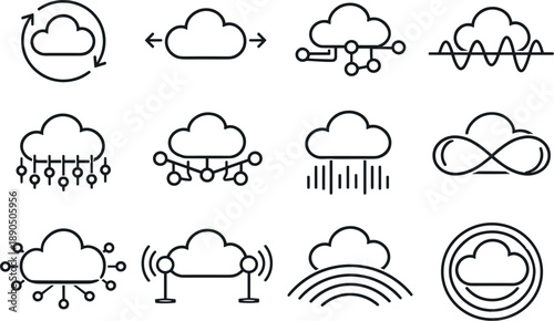 Line style vector icons of cloud data storage data lifecycle management: cycle ring, flow line, rhythm node, amplitude mesh,