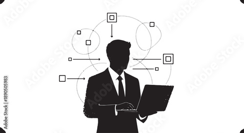 Businessman in suit using laptop with abstract data flow and connection diagrams around him