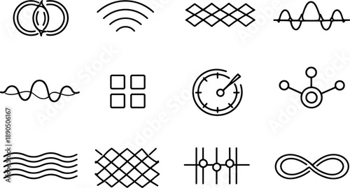 Line style vector icons of networked aroma exchange: sync ring, frequency arc, pattern contour, amplitude node, variation arc,