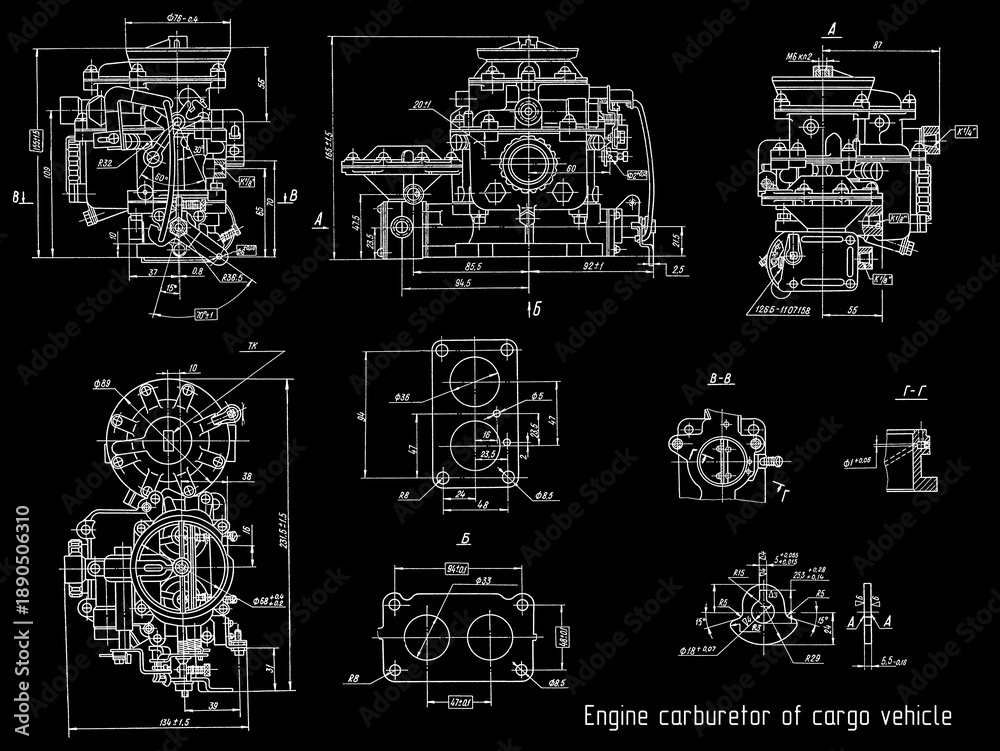 Obraz premium Engine carburetor of cargo vehicle. Engineering mechanical drawing of automotive device. Industrial cad scheme on paper sheet. Technology design of machine building industry. Machined template.
