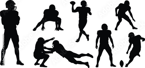 American football player silhouettes, action poses, quarterback throw, tackle stance, kicker motion, black vector icons, sports design elements, athletic movement