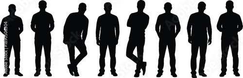 male silhouettes standing, human figures, diverse posture, casual clothing outline, body language illustration, artistic design, social diversity, character graphic, people icons, gesture outline