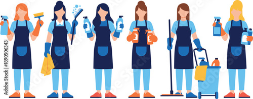 Group of professional cleaning service women in uniform with various supplies