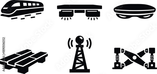 Solid vector icons of rail-less maglev shuttle systems: urban maglev shuttle, side magnetic units, levitation cushion; guided