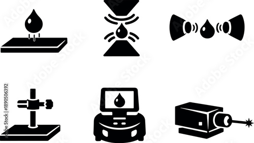 Solid vector icons of non-contact fluid handling: levitating microfluid droplet, acoustic trap, emitter pair; precision lab